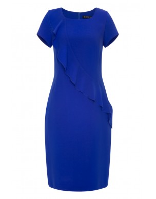 Kobaltowa, Delikatna, Elegancka Sukienka z Asymetryczną Falbaną