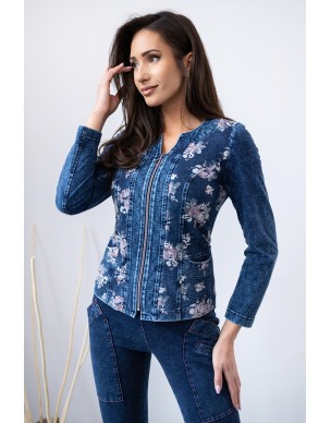 Żakiet Dżinsowy Kwiaty Zapinany na Suwak