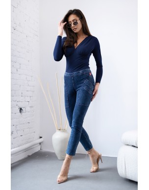 Spodnie Jeansowe Legginsy z Czerwonymi Obszyciami