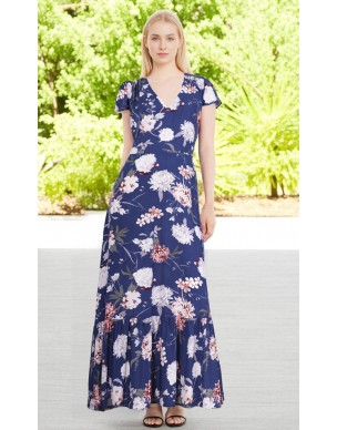Sukienka Izabela Długa w Kwiaty Wiskozowa Niebieska