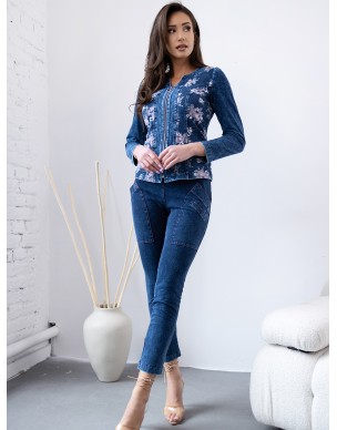 Żakiet Dżinsowy Kwiaty Zapinany na Suwak